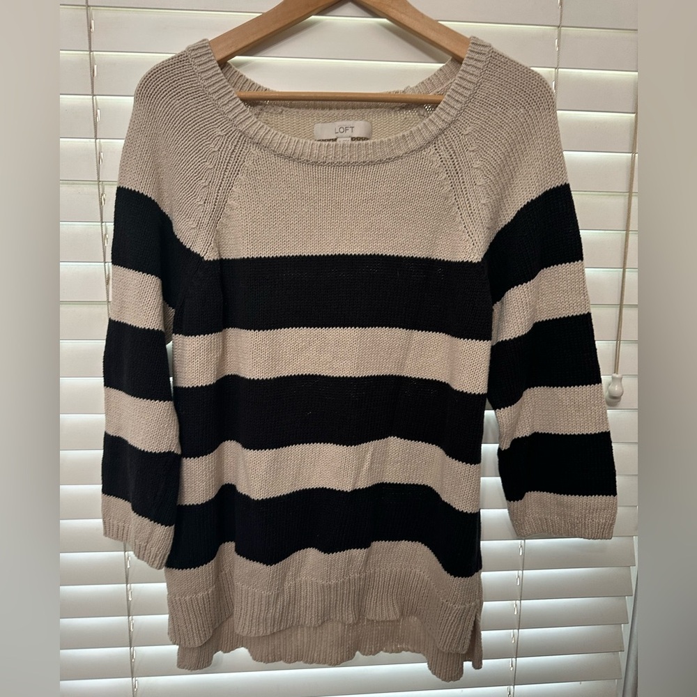 LOFT Women's Crew Neck Sweater - Black and Cream Stripes